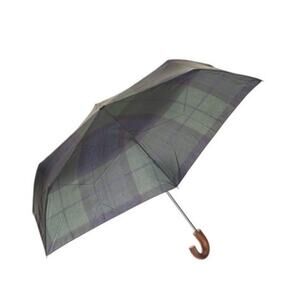 EUC Barbour Tartan Compact Umbrella | Green Blue Plaid w/ Wood curved Handle